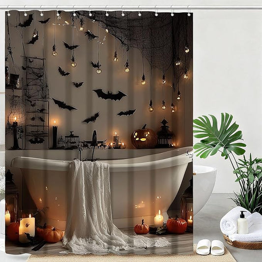 Horror Halloween Shower Curtain Bats Spooky Shower Curtains for Bathroom Waterproof Fabric Bath Curtain Decor with Hooks