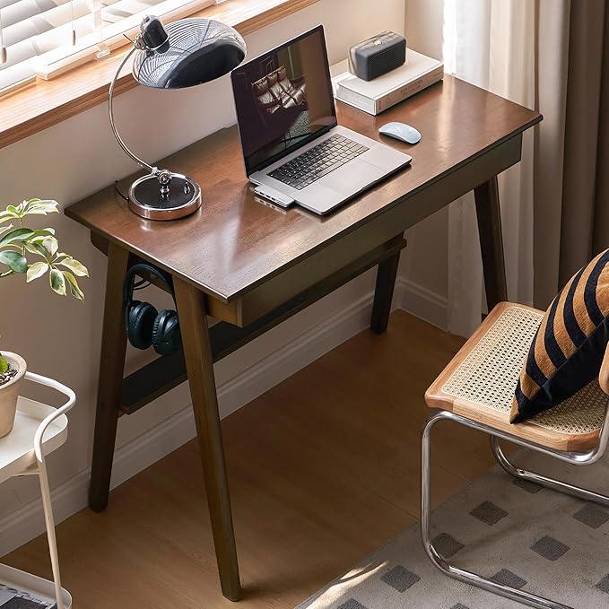 100% Solid Rubber Wood Desk Home Office Desk Mid Century Modern Writing Computer Desk with Drawer for Home Office 31.49" W Walnut Color