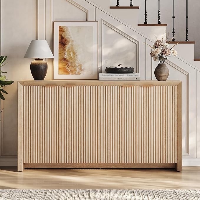 ONBRILL Fluted Sideboard Buffet Cabinet with Storage, Wooden Modern Fluted Sideboard with 4 Doors and 5 Adjustable Shelves, Coffee Bar Table for Dining Room, Hallway, Kitchen (Natural Oak)