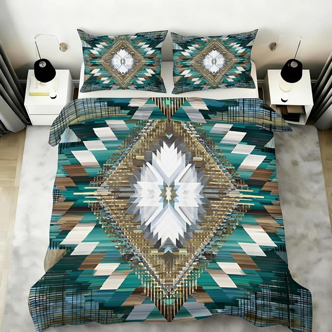 Green Aztec Duvet Cover Queen Size, Bohemian Vintage Geometric Bedding Set 3 Piece, Native American Aztec Patterned Comforter Cover with Zipper Soft Microfiber, 2 Pillowcases