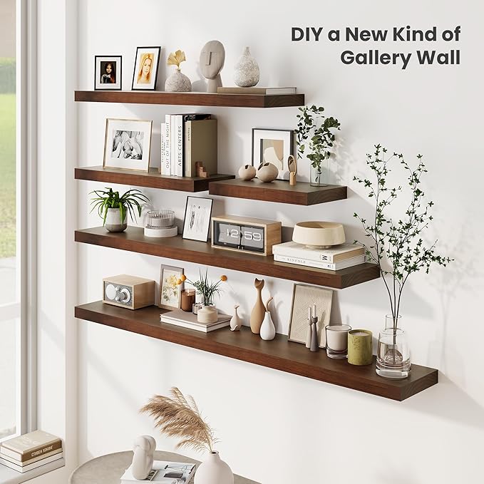 Fun Memories Wood Floating Shelves Set of 2, Rustic Pine Wood Floating Shelves for Wall Mounting, Wide Wall Shelf for Home Decor and Storage, 24" W x 7" D, Walnut