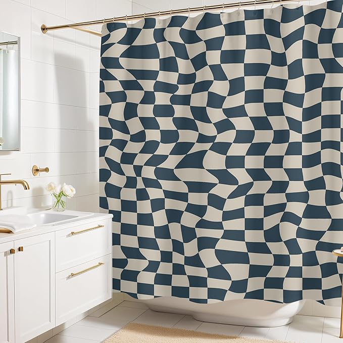 Wavy Check Print Shower Curtain - Modern Home Decor - Neutral Boho Style Checkered Fabric Shower Curtain for Any Bathroom - 72x72 Inches (Wavy Check)