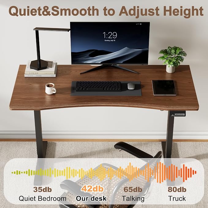 Solid Wood Electric Standing Desk 55"x23.6"Home Office Desk,Adjustable Workbench with 3 Stages Single Motor, Computer Workstation with T-Shaped Metal Bracket,Walnut Standing Table for Gaming(1 Box)