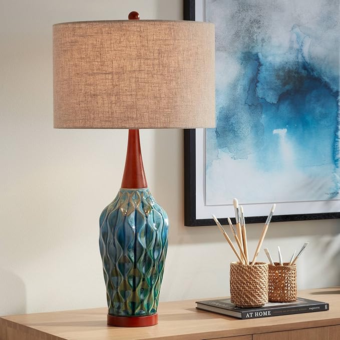 360 Lighting Rocco Mid Century Modern Table Lamp 30" Tall Ceramic Blue Teal Glaze Wood Handmade Linen Drum Shade Cottage Core Decor for Living Room Bedroom House Bedside Home (Colors May Vary)