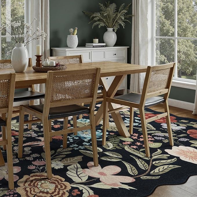 DCX Black Floral Rug 9x12, Washable Black Rug for Living Room, Kid & Pet Friendly with Rubber Back Non Slip, Soft Low Pile Carpet, Stain Resistant Rug for Bedroom, Nursery, Dining Room
