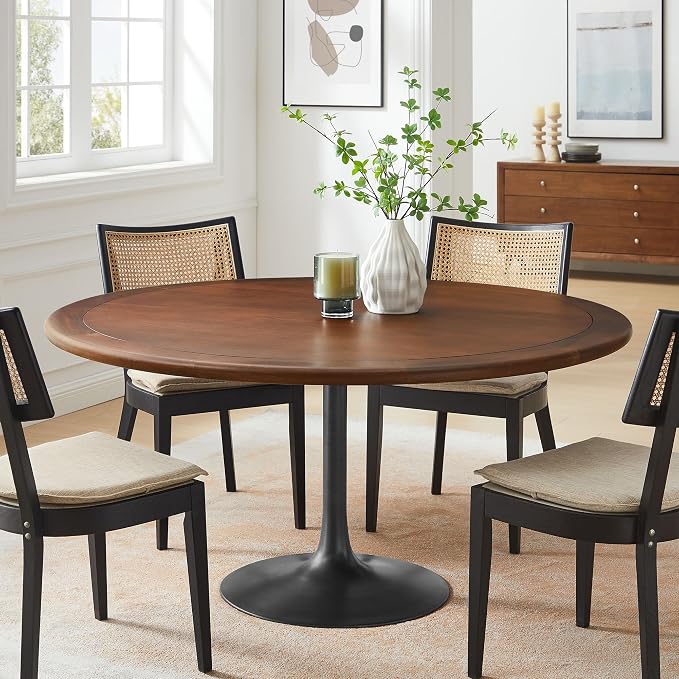 Modway Lippa 60 Inch Round Wood Dining Table with Metal Pedestal in Black Walnut - Modern Industrial Dining Table for 6 People - Solid Wood Tulip Kitchen Table