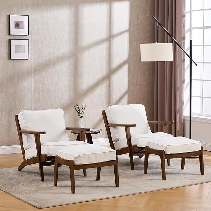 Living Room Accent Chairs Set of 2 Mid Century Modern Reading Arm Chair with Ottoman, Fabric Bedroom Chair with Soild Wood Frame, Elegant Upholstered Side Chair, Beige-Fabric