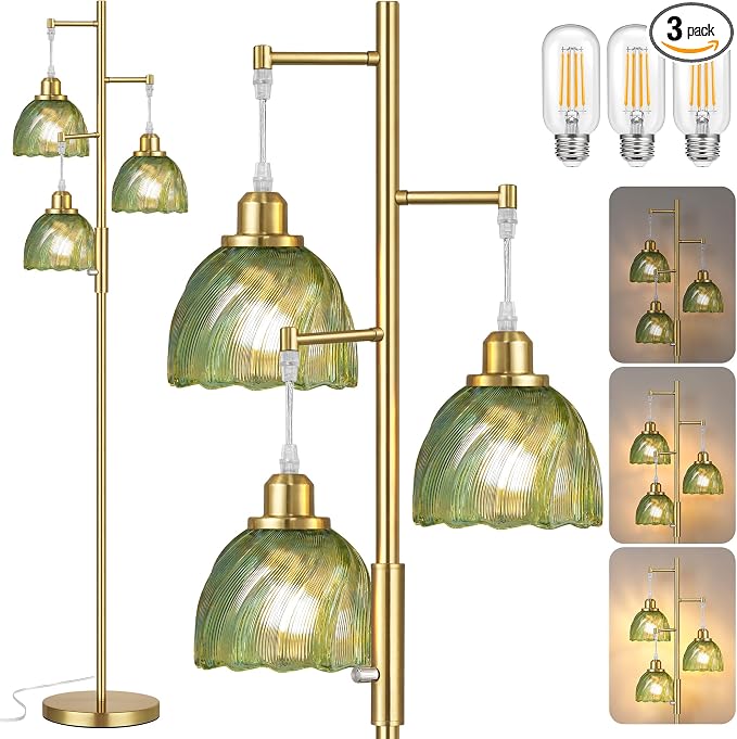 ROTTOGOON Dimmable Gold Floor Lamps for Living Room, Vintage Tree Standing Lamp with Glass Shades, 3 Light Mid Century Flower Floor Lamps for Bedroom, Office, 6W, Brushed Gold & Green Shades