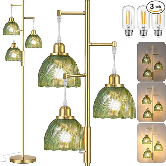 ROTTOGOON Dimmable Gold Floor Lamps for Living Room, Vintage Tree Standing Lamp with Glass Shades, 3 Light Mid Century Flower Floor Lamps for Bedroom, Office, 6W, Brushed Gold & Green Shades