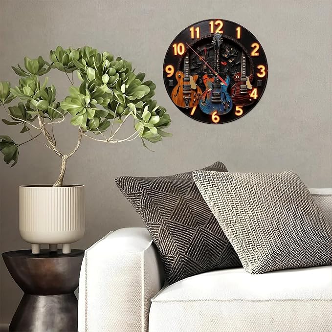 Vintage Guitar Wall Clock Neon Clock Electric Guitar Decor 10-Inch Wooden Wall Clock, Silent Movement, Battery Operated (AA Batteries Not Included), Artistic Home Decor, Perfect for Home Accents
