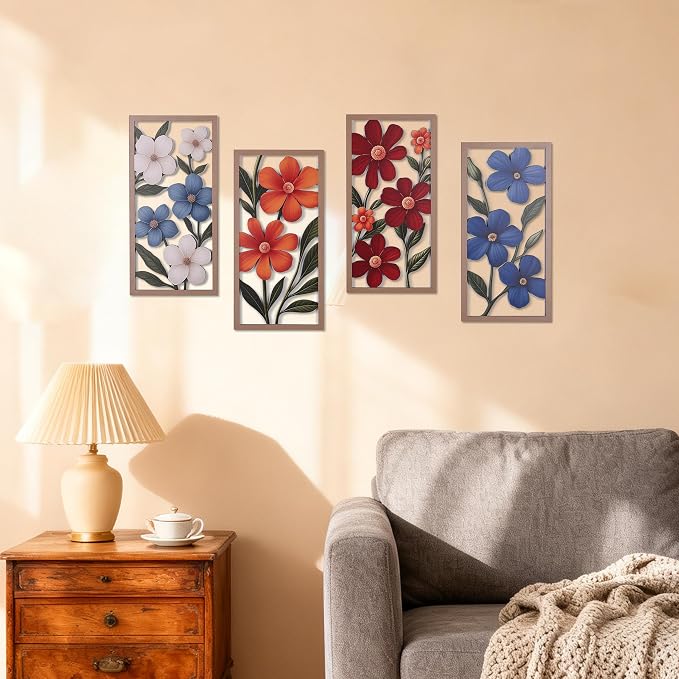 SHENGTIAN 4 Piece Boho Flower Wall Art - Geometric Wood Wall Art, Aesthetic Room Decor, Flower Market Art, Narrow Vertical Abstract Floral Art, Over Bed Wall Decor for Living Room Bedroom Office