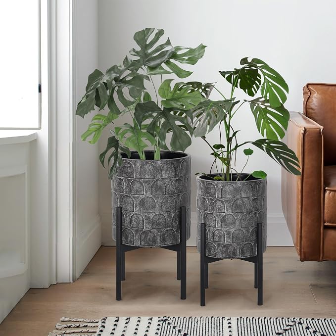 Oakrain Planters for Indoor Plants, Set of 2 Mid-Century Modern Planter with Stand, Decorative Metal Planter Pots for Living Room, Office, Garden, Balcony, 10"&12", Rustic Gray