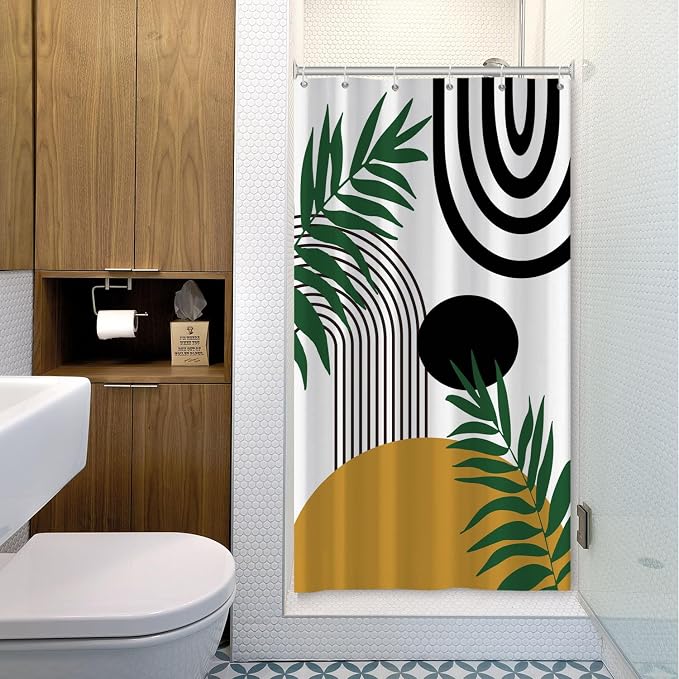 Boho Mid Century Shower Curtain Bohemian Abstract Modern Sun Bathroom Curtain Geometric Arch Curve Leaves Polyester Shower Curtain Sets for Bathroom Extra Long 54x72 in with 10 Hooks