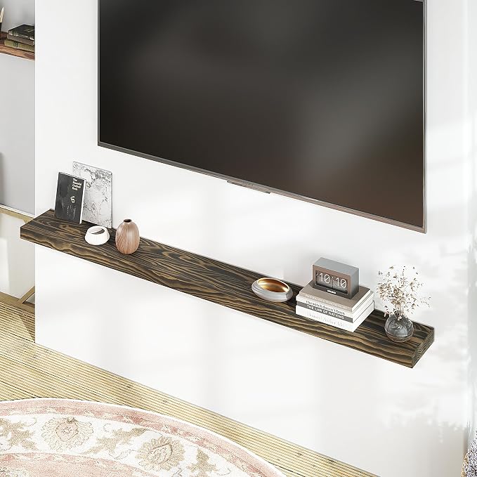 Howizz 72'' Pine Wood Floating Shelf for Wall, Rustic Wall Mounted Wooden Shelf with Invisible Brackets, Fireplace Mantel Shelf for Living Room, Bedroom, Bathroom & Home Decor, Dark Brown, 1 Pcs