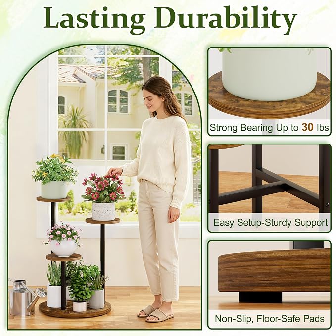 3 Tiers Wood Plant Tables Indoor Plant Stand Tall Metal Wood Plant Shelf Outdoor Indoor Plant Table Rack Tiered Plant Stand Garden Accessories for Living Room Balcony Patio - BlackRound