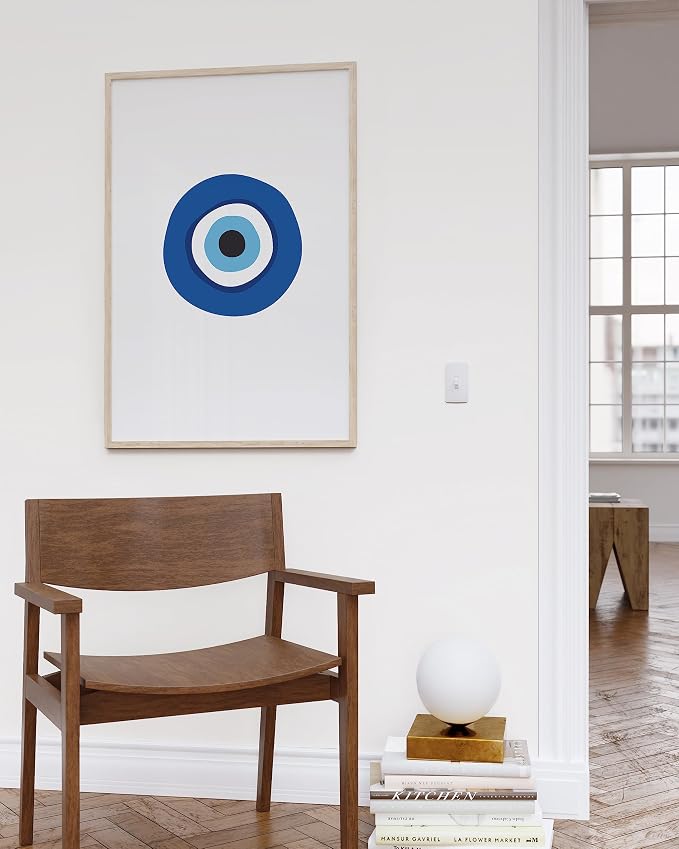 HAUS AND HUES Evil Eye Decor - Navy Blue Wall Art, Evil Eye Wall Decor, Mykonos Artwork, Evil Eyes Print, Big Eyes Painting Print, Evil Eye Poster for Wall Art Aesthetic (Beige Frame, 24x36)