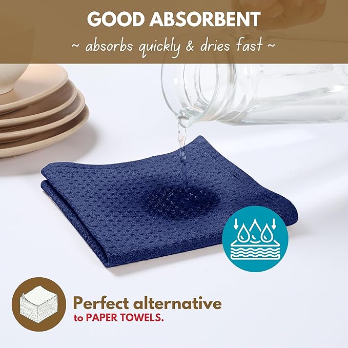 Native Fab 6 Pack Waffle Dish Cloths - 100% Cotton, 12x12 inch, Absorbent, Quick Drying, Washable Towels for Cleaning, Cooking & Baking - Perfect for Home, Restaurants, Bars, Multi Use - Indigo Blue