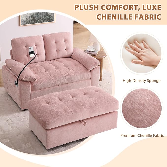 Oversized Chaise Lounge Chair Indoor, Double Convertible Recliner Reading Arm Sofa Chair W/Adjustable Backrest & Charging Port Couch Bed for Living Room, Home Theater & Bedroom, Pink