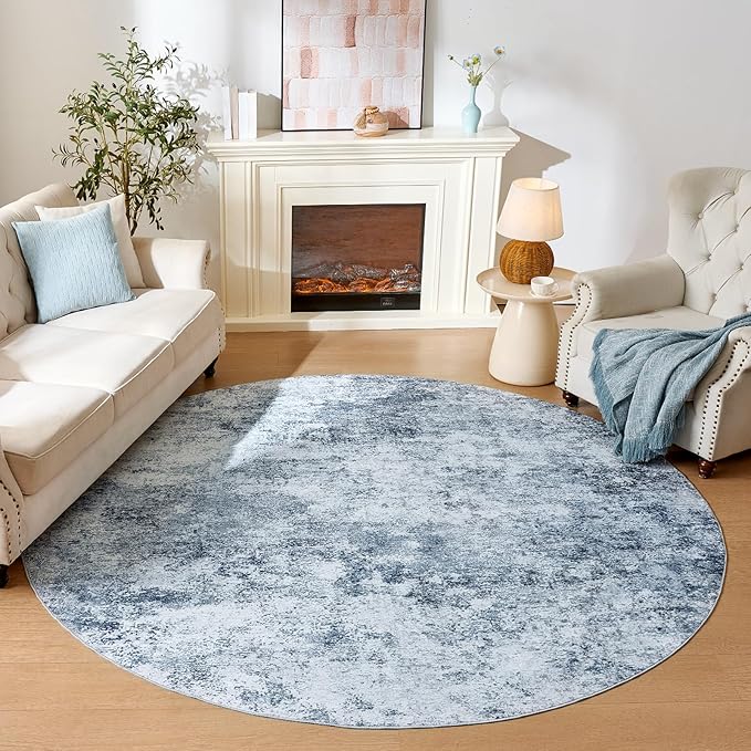 WITSHOCK 8ft Round Area Rug for Living Room: 8x8 Washable Neutral Modern Abstract Soft Thin Rug Indoor Floor No Slip Rug Carpet for Bedroom Under Dining Table Home Office Decor (Blue)