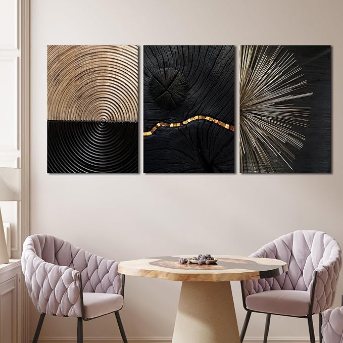 Pennimor 3Pcs Framed Retro Wood Grain Abstract Wall Art, Simple Geometric Line Wood Wall Decor, Black and Brown Modern Minimalist Artwork Printing for Bathroom Bedroom Living Room Home Office 12x16in