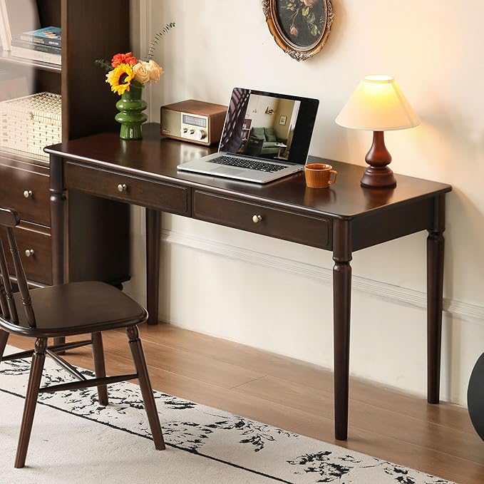 Home Office Desk, Solid Wood Computer Desk, Vintage Mid-Century Modern Writing Desk with for Study Work 55.11" W