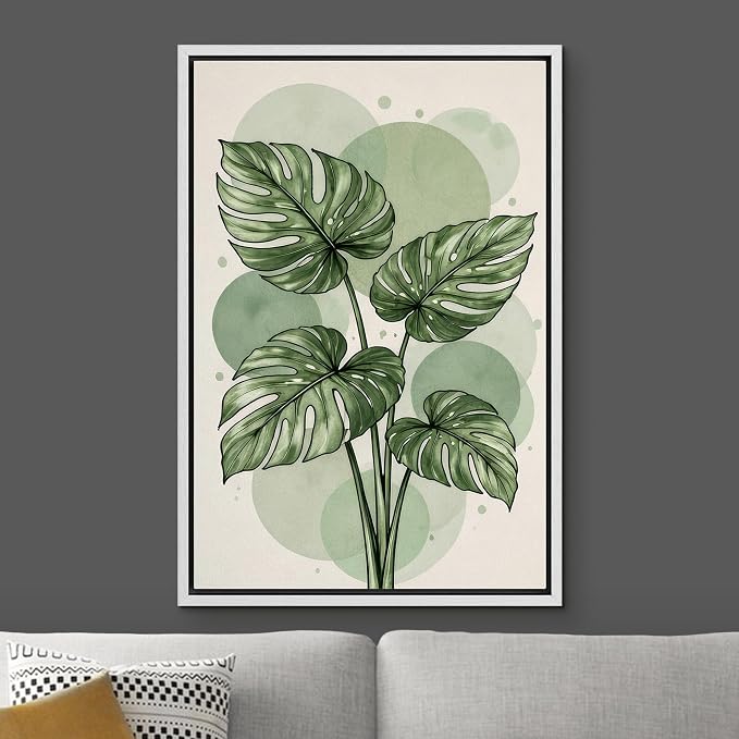 Woodrose Framed Canvas Print Wall Art Green Monstera Leaves Botanical Illustrations Modern Art Minimalist 3D Colorful Ultra for Living Room, Bedroom, Office - 16"x24" WHITE