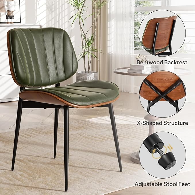 Dining Chairs Set of 4, Mid Century Modern Dining Room Chairs, Upholstered Faux Leather Kitchen Chairs with Walnut Bentwood Back and Metal Legs, Green