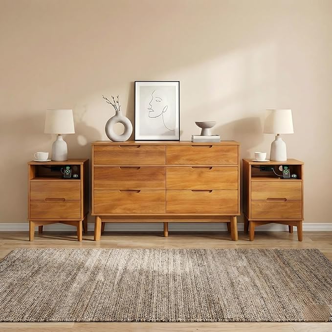 47" Wide Wooden Dresser for Bedroom, Mid-Century Modern 6 Drawer Double Dresser with Walnut Wood Grain, Large Horizontal Storage Chest for Living Room, Anti-Tip Kit, Caramel
