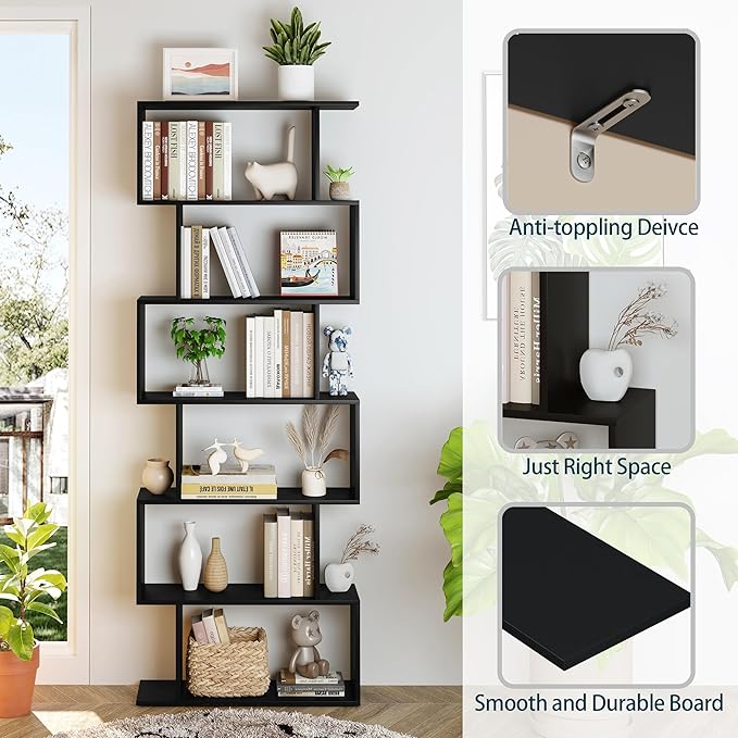Yusong Bookshelf 6-Tier, Geometric Bookcase S Shaped Book Shelves for Bedroom, Modern Wood Decorative Display Shelf Tall Book Case for Home Office, Black