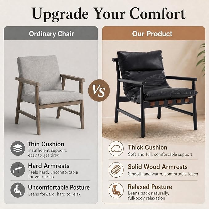 DUOMEI Faux Leather Accent Chair Set of 2, Mid Century Modern Living Room Chairs with Solid Wood Frame, Upholstered Lounge Reading Chair Comfy Arm Chair Cozy Recliner for Bedroom/Guest Room, Black