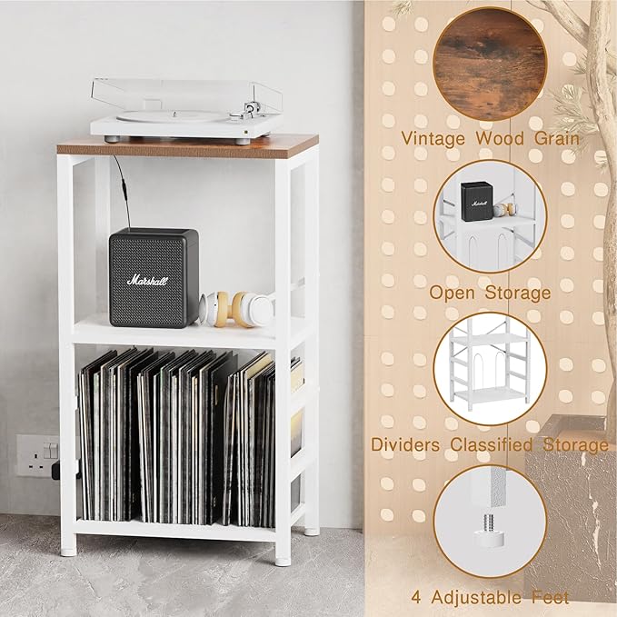 YAKANJ End Table with LED Light,Record Player Stand with Albums Storage,Vinyl Records Storage,Turntable Stand Side Table for Music Room Studio Living Room Bedroom-White