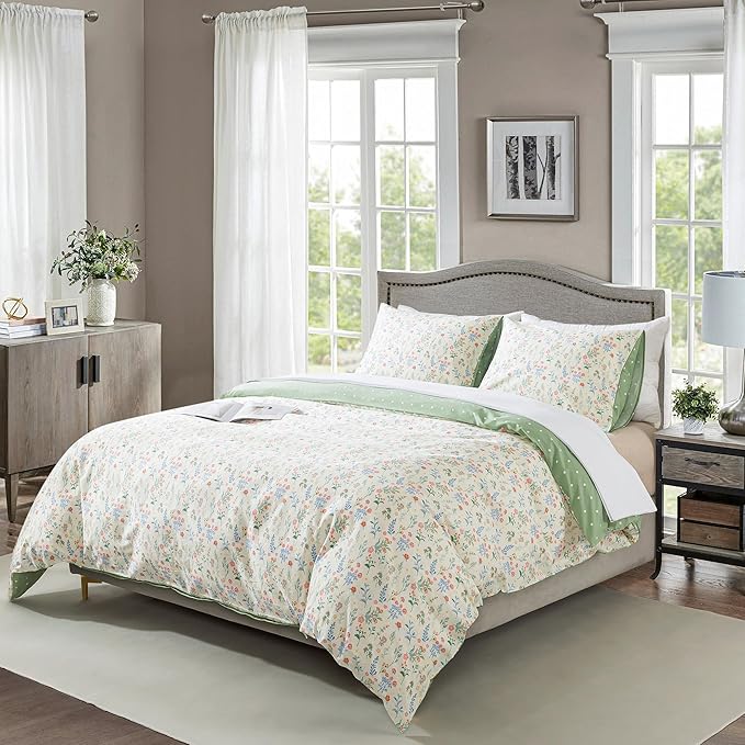 HoneiLife Duvet Dover King Size - 100% Cotton Bedlinen Set, Floral Comforter Cover with Zipper Closure & Corner Ties, 3-PC Wildflower Comforter Cover Sets