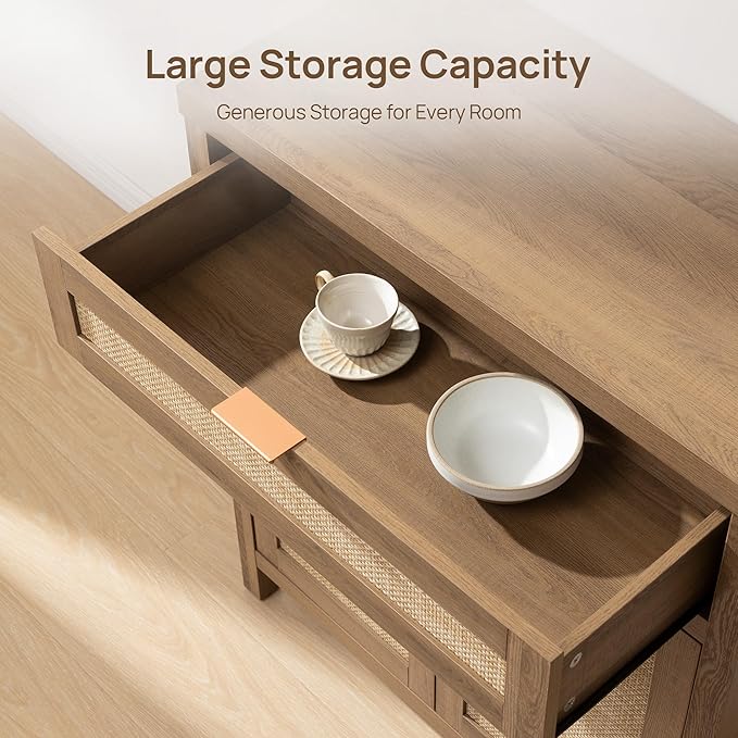 SICOTAS Buffet Cabinet Sideboard with Storage, Rattan Accent Cabinet with Doors Drawer, Boho Credenzas Farmhouse Buffet Table Console Coffee Bar Cabinets for Entryway Living Room, Natural Oak