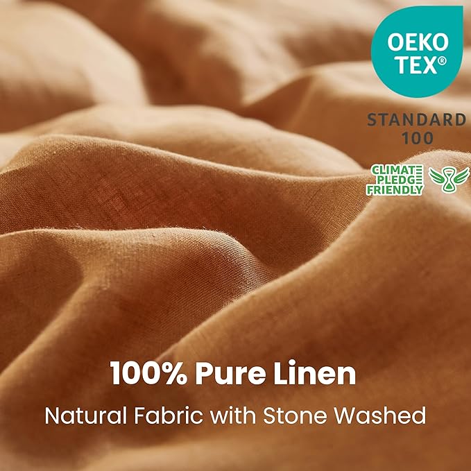 Simple&Opulence 100% Linen Duvet Cover Set 3pcs with Coconut Button Closure Natural French Washed Flax Solid Color Soft Breathable Farmhouse Bedding - Rust, King Size