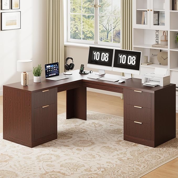 FURSUN 69" Executive L Shaped Desk, Wood Corner Executive Computer Desk with Power Outlets & Storage Drawers, Large Office Desk Workstation for Home, Dark Walnut