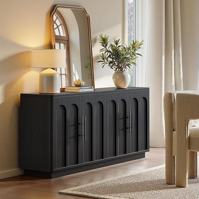 Evermagin 67" Arched Black Buffet Cabinet with Storage, Large Credenza with 4 Doors, Wood Mid Century Modern Sideboard for Kitchen and Living Room (67"*31.5"*15.7")