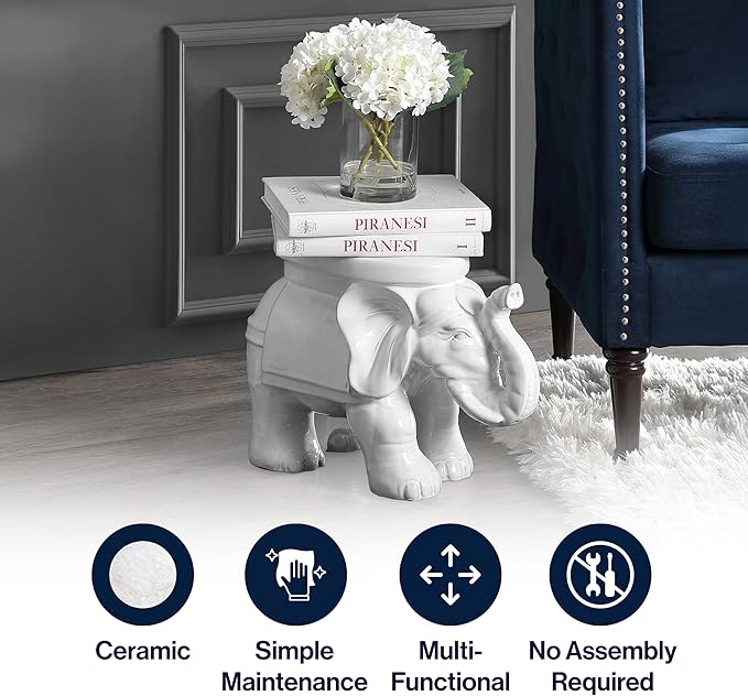 JONATHAN Y TBL1007A White Elephant 14.2" Ceramic Indoor/Outdoor Garden Stool, Coastal, Contemporary, Side Table, Plant Stand, Spill-Proof, Living Room, Bathroom, Garden Room, Patio, Antique White