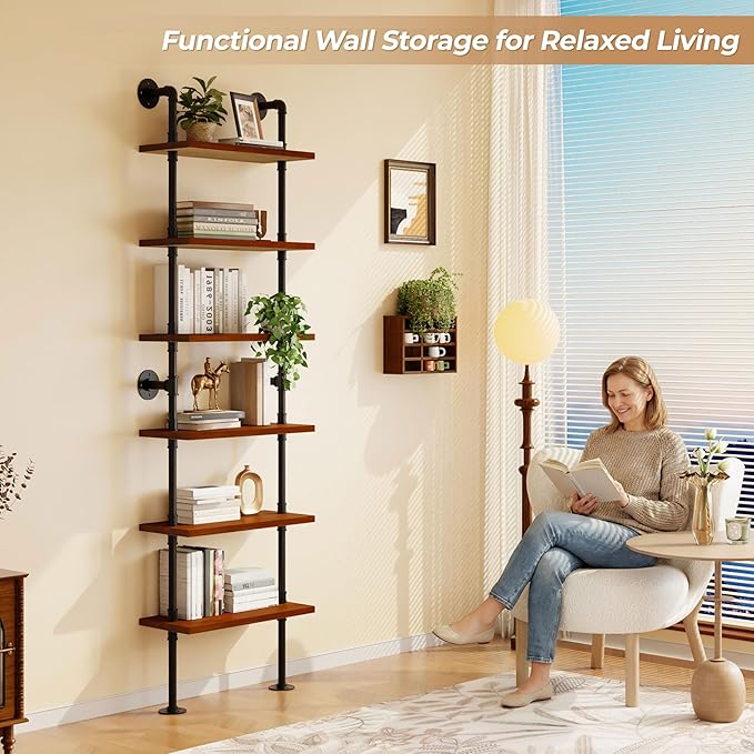 Industrial Ladder Pipe Shelves, Wall Mounted Rustic Bookshelf, Retro Metal Wood Bookcases (Walnut, 6 Tier - 10" D x 24" W x 82.5" H)