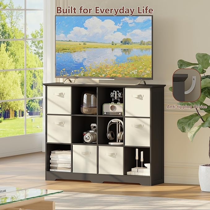 VORONOI 12 Cube Storage Organizer with 6 Fabric Drawers and Removable Shelves — Modular Cube Bookshelf for Bedroom, Living Room, or Home Office, Short Cube Bookcase for Toys, Decor, Black