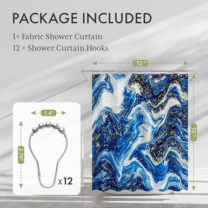AmazerBath Shower Curtain Blue, Marble Fall Fabric Shower Curtain Sets with 12 Shower Curtain Hooks, Luxury Quality Home Hotel Washable Farmhouse Cloth Shower Curtains for Bathroom Decor, 72x72 Inches