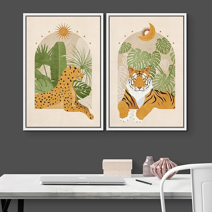 IDEA4WALL Framed Canvas Print Wall Art Set Indian Bengal Tiger Tropical Monstera Jungle Nature Wilderness Digital Art Modern Art Decorative Animal for Living Room, Bedroom, Office - 16"x24"x2 White