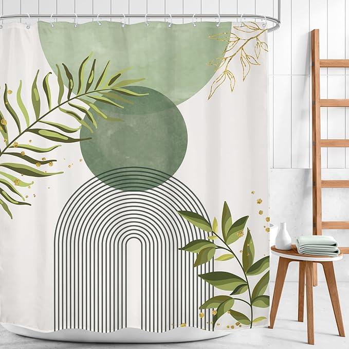 Sage Green Boho Shower Curtain 60Wx72H Modern Bohemian Abstract Leaves Olive Dark Green Mid Century Plant Bathroom Decor Minimalist Geometric Arch Bath Curtain Fabric Polyester 12 Pack Hooks