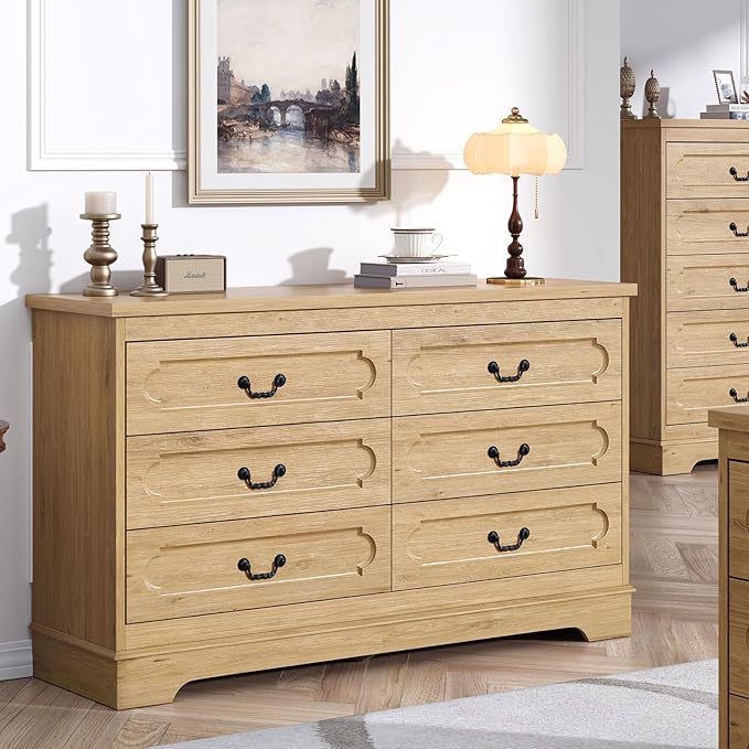 LIDYUK 6 Drawer Dresser for Bedroom Farmhouse Natural Tall Wood Chest of Drawers for Bedroom Dresser, Modern Rustic 47.2" Wide Drawers Dressers Wooden Closet and Storage Cabinet, Hallway, Living Room