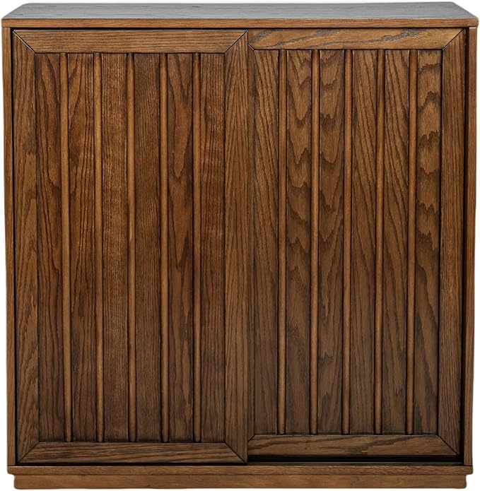 LKTART Mid Century Modern Sideboard Buffet Cabinet with 2 Fluted Sliding Door,Small Storage Cabinet with Outlet Holes for Living Room, Kitchen, Entryway, Hallway 32" Walnut