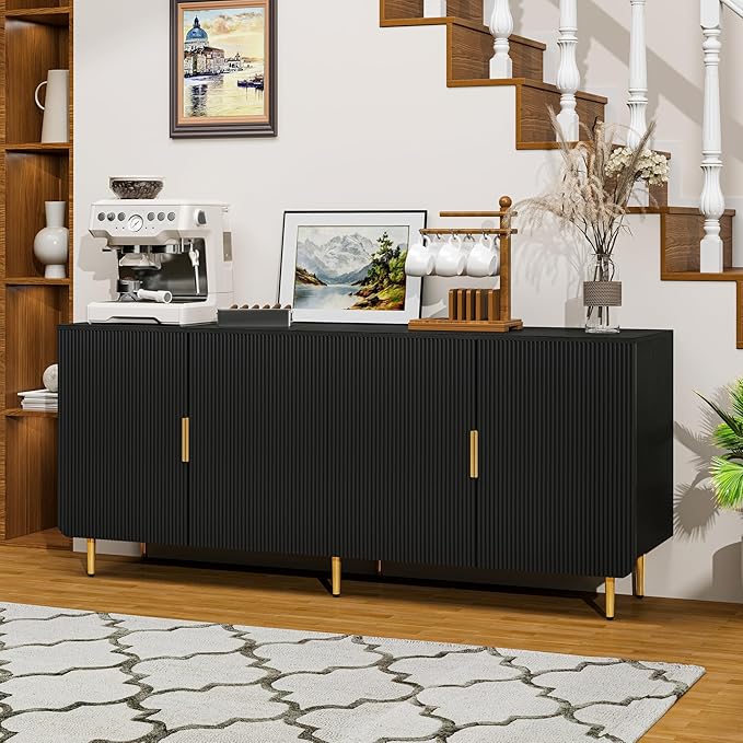 65" Fluted Sideboard Buffet Cabinet with Storage, Console Cabinet with 4 Doors & Adjustable Shelves, Modern Buffet Table for Kitchen Dining Living Room Hallway‌ Entryway, Black