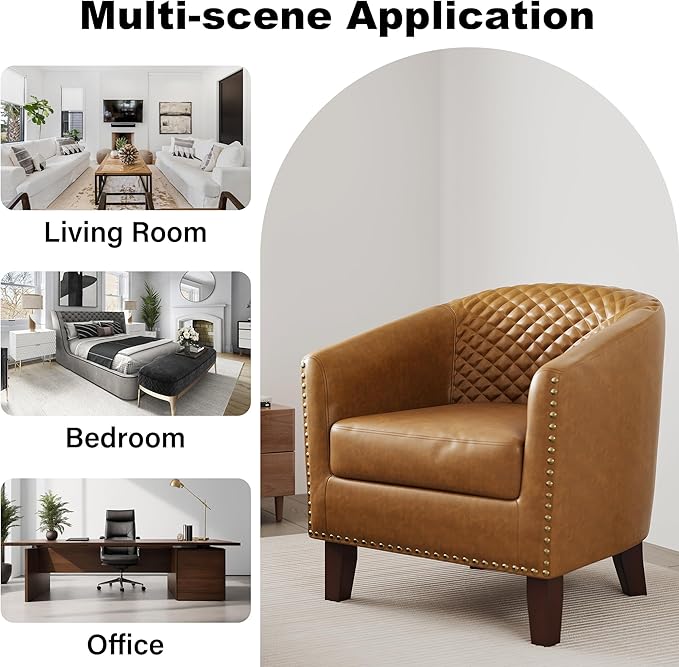 Accent Barrel Chair, Upholstered Faux Leather Club Chair with Nailed Trim, Comfy Reading Armchair for Living Room Bedroom Reception Room Office (Coffee, Set of 4)