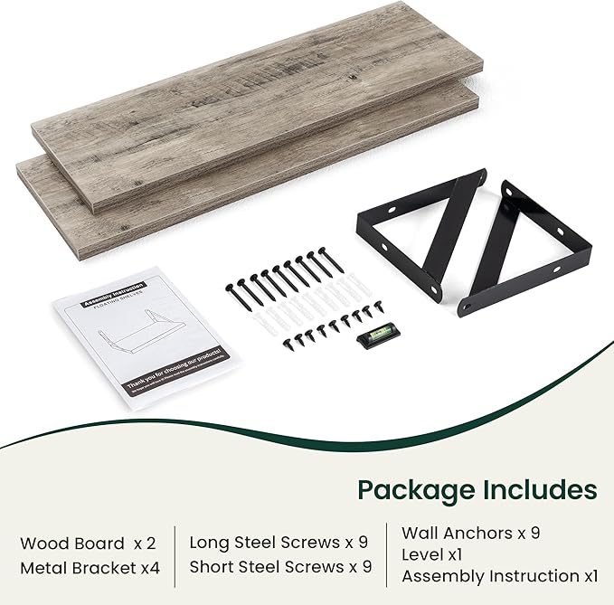 Floating Shelves, 8 Inch Deep Rustic Wood Wall Storage, 24W x 8D Wall Shelves Set of 2, Heavy Duty Metal Brackets, Industrial Book Shelf for Living Room, Kitchen, Bathroom, Bedroom, Grey