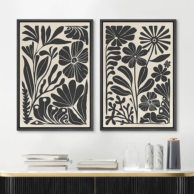 MUDECOR Framed Canvas Wall Art Abstract Floral Botanical Prints Minimalist Modern Art Boho Wall Decor for Bedroom - 24"x36"x2 Black