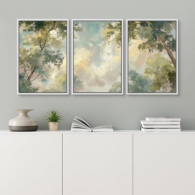 wall26 Framed Print Wall Art Set Soft Pastel Sky and Tree Canopy Abstract Nature Decorative Minimal Relax/Zen for Living Room, Bedroom, Office - 16"x24"x3 White