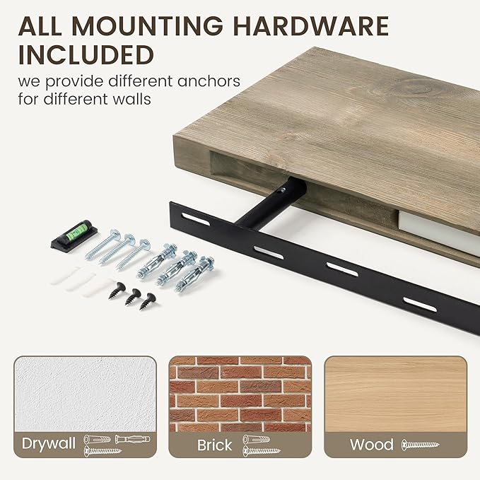 Marsmiles Floating Shelves | 36 Inch Grey Wood Wall Shelves Set of 2 | 9.3 Inch Deep Rustic Reclaimed Wood Shelves for Room Wall | Farmhouse Floating Shelves for Living Room Bathroom